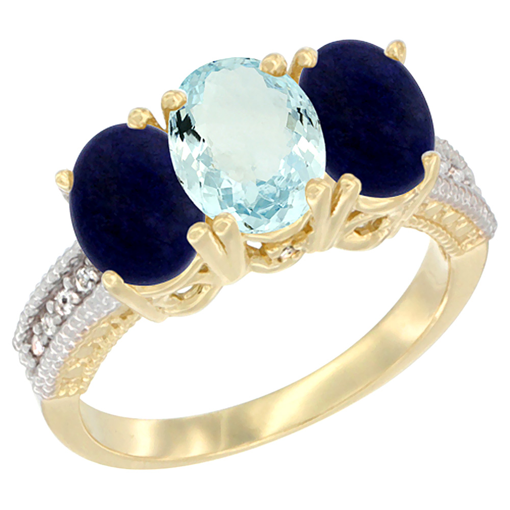 10K Yellow Gold Diamond Natural Aquamarine & Lapis Ring 3-Stone 7x5 mm Oval, sizes 5 - 10