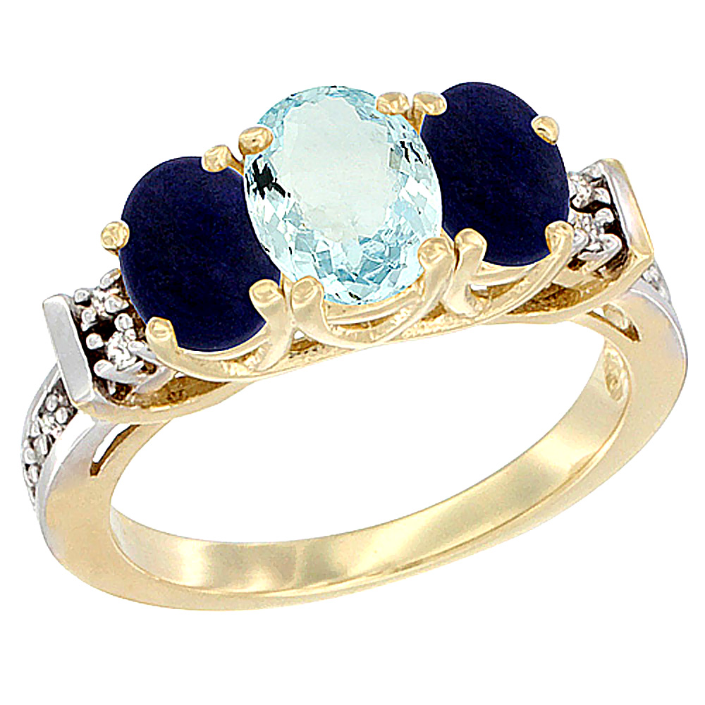 10K Yellow Gold Natural Aquamarine & Lapis Ring 3-Stone Oval Diamond Accent