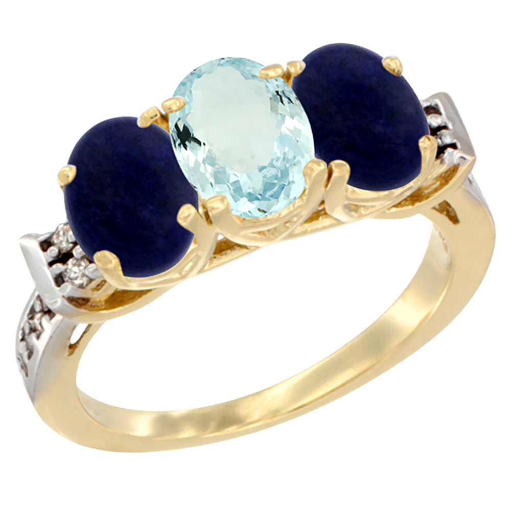 14K Yellow Gold Natural Aquamarine & Lapis Ring 3-Stone 7x5 mm Oval Diamond Accent, sizes 5 - 10