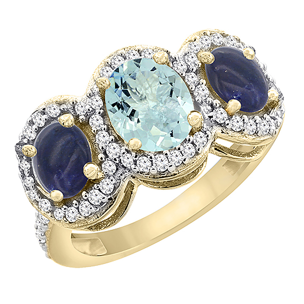 14K Yellow Gold Natural Aquamarine & Lapis 3-Stone Ring Oval Diamond Accent, sizes 5 - 10