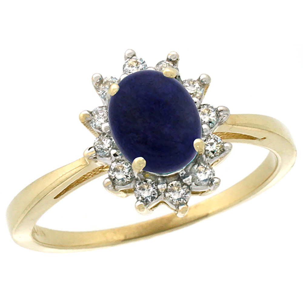 14K Yellow Gold Natural Lapis Engagement Ring Oval 7x5mm Diamond Halo, sizes 5-10