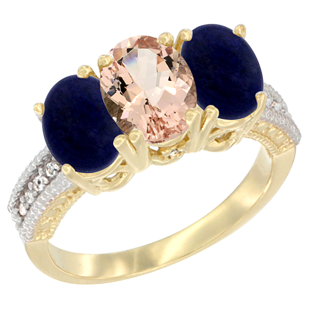 10K Yellow Gold Diamond Natural Morganite & Lapis Ring 3-Stone 7x5 mm Oval, sizes 5 - 10