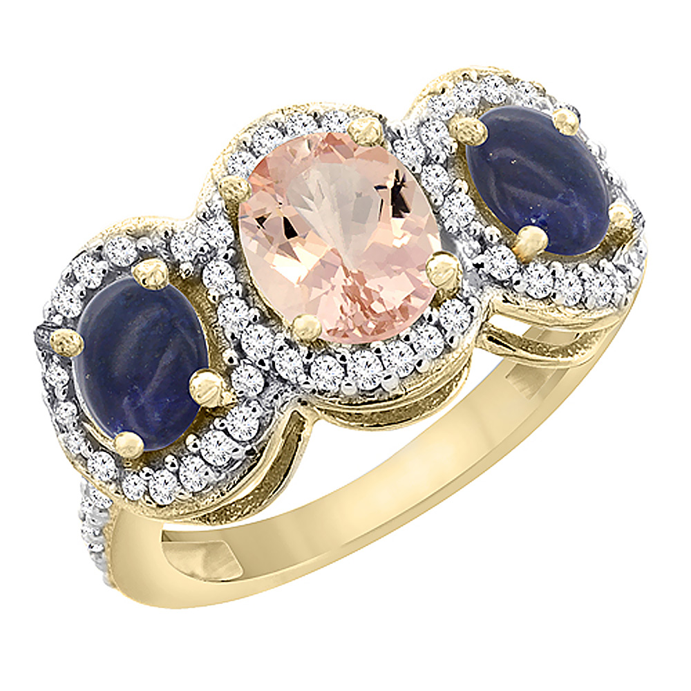 14K Yellow Gold Natural Morganite & Lapis 3-Stone Ring Oval Diamond Accent, sizes 5 - 10