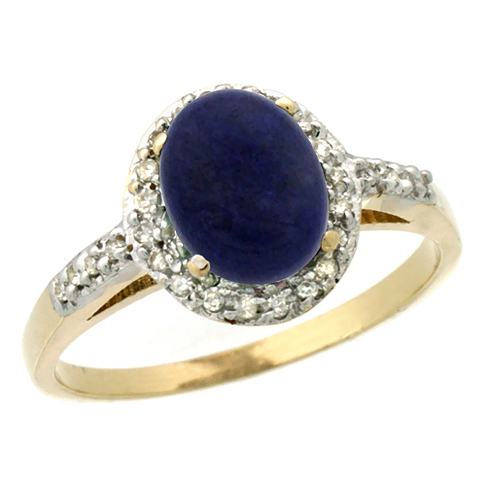 10K Yellow Gold Diamond Natural Lapis Ring Oval 8x6mm, sizes 5-10