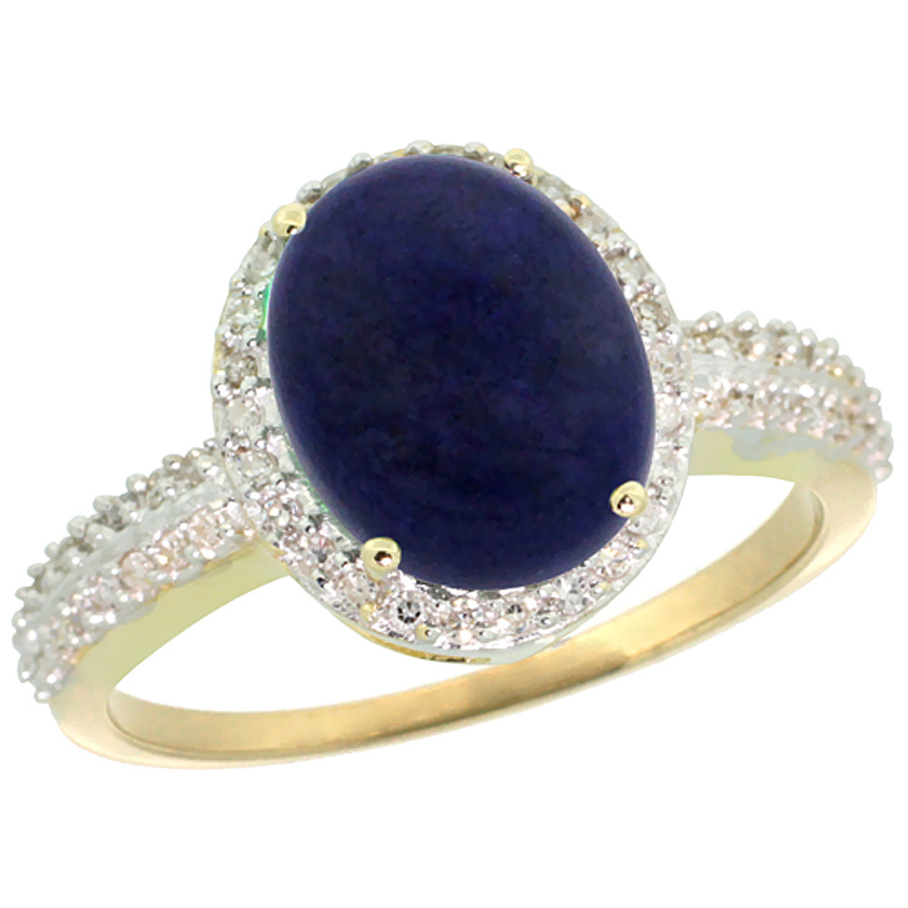 10K Yellow Gold Diamond Natural Lapis Engagement Ring Oval 10x8mm, sizes 5-10