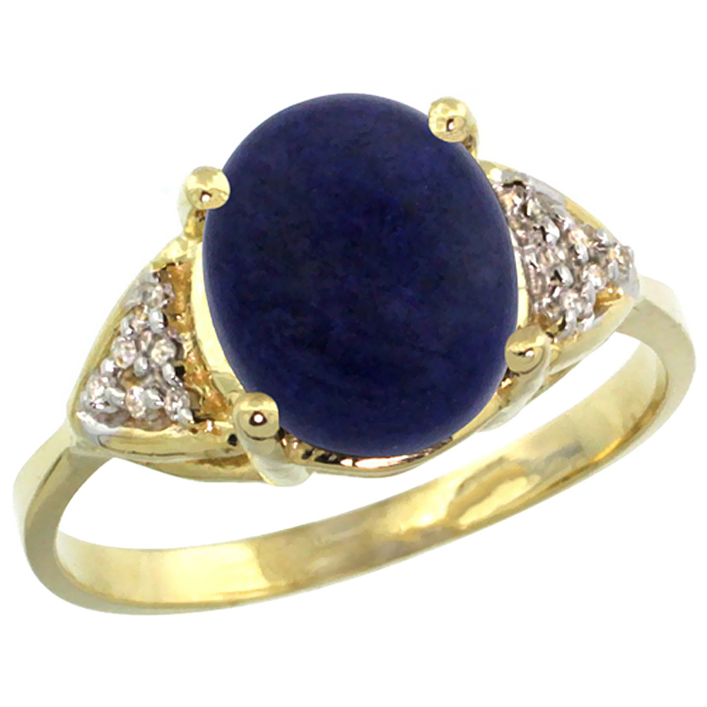 10K Yellow Gold Diamond Natural Lapis Engagement Ring Oval 10x8mm, sizes 5-10