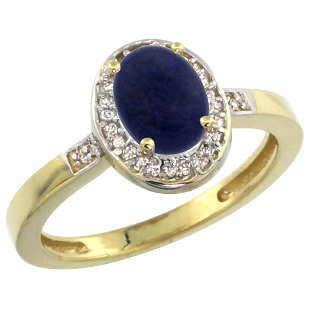 14K Yellow Gold Diamond Natural Lapis Engagement Ring Oval 7x5mm, sizes 5-10