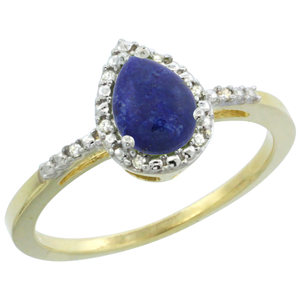 14K Yellow Gold Diamond Natural Lapis Ring Pear 7x5mm, sizes 5-10