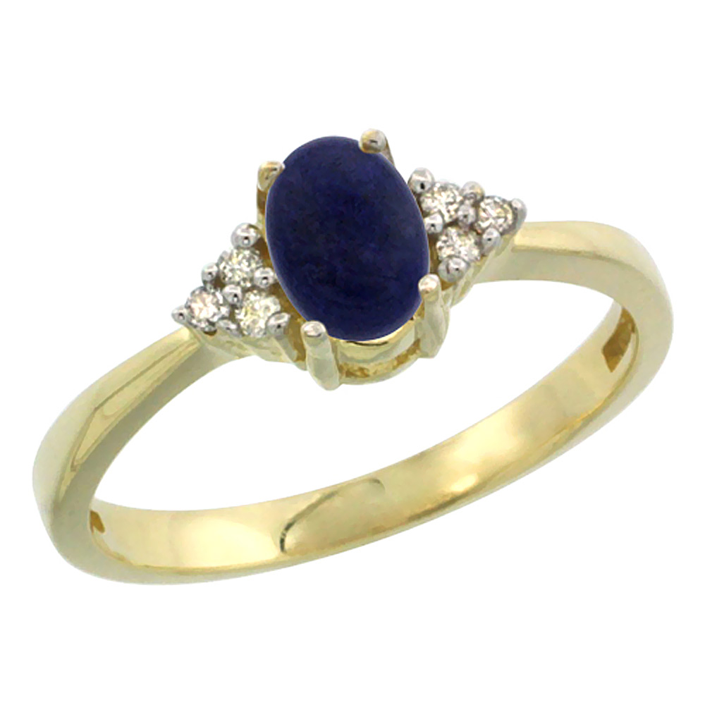 10K Yellow Gold Natural Lapis Ring Oval 6x4mm Diamond Accent, sizes 5-10