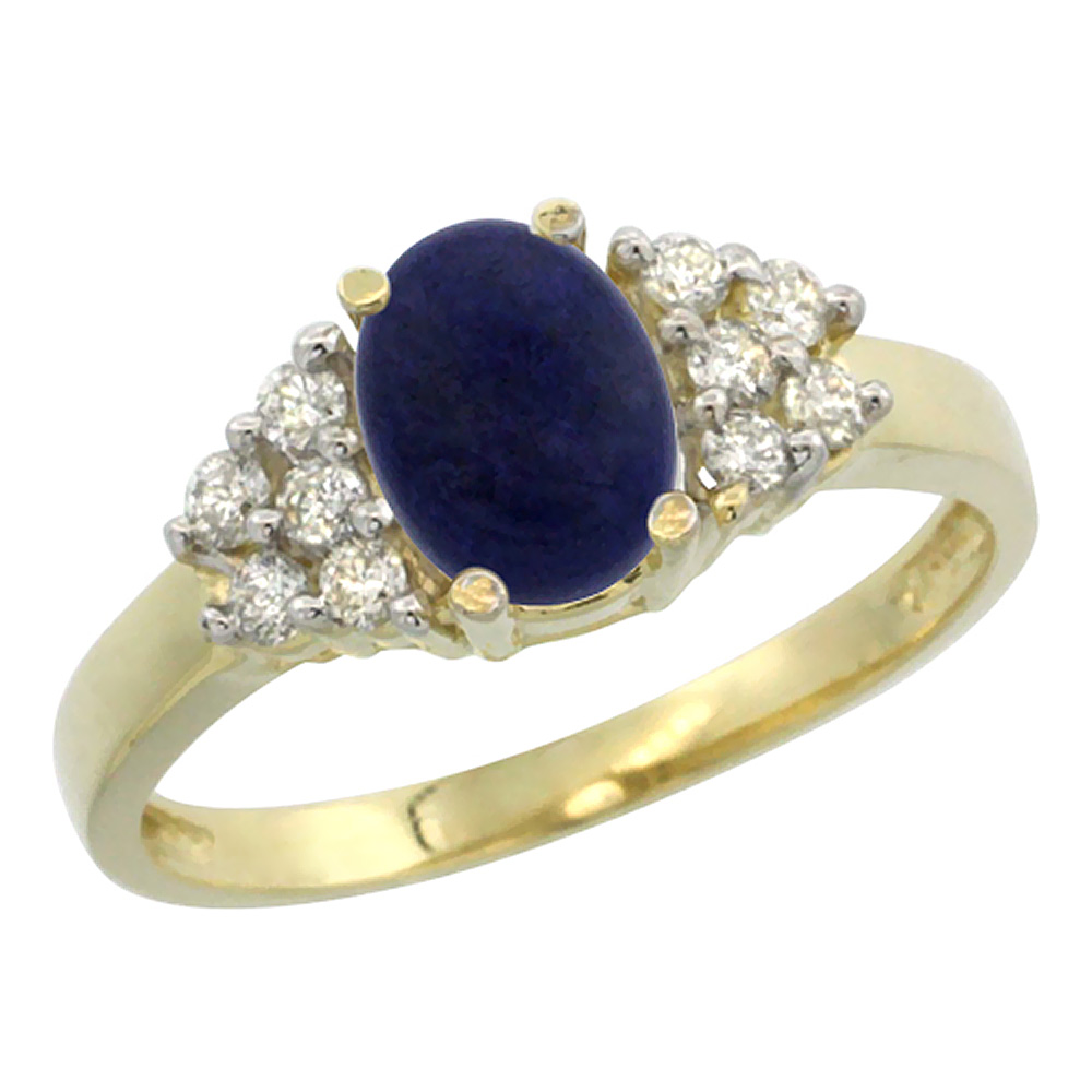 10K Yellow Gold Natural Lapis Ring Oval 8x6mm Diamond Accent, sizes 5-10