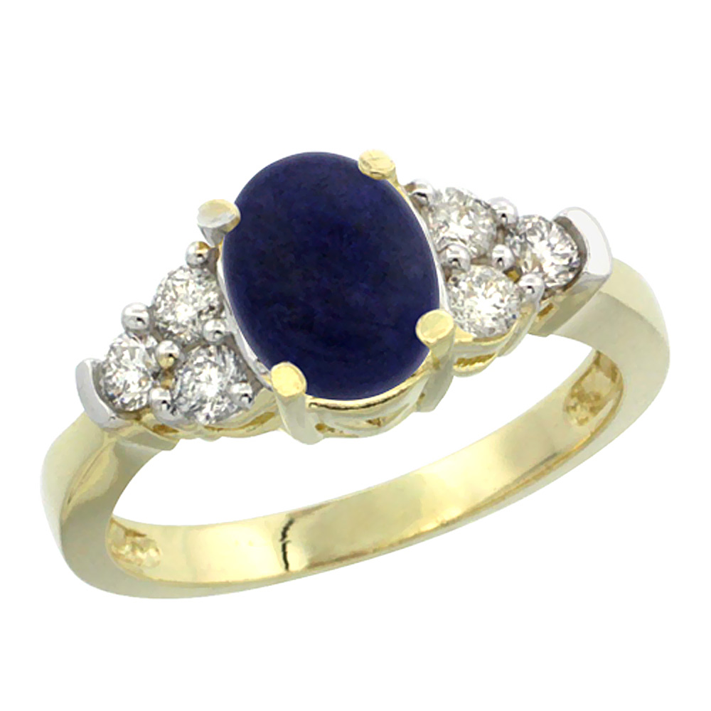 10K Yellow Gold Natural Lapis Ring Oval 9x7mm Diamond Accent, sizes 5-10
