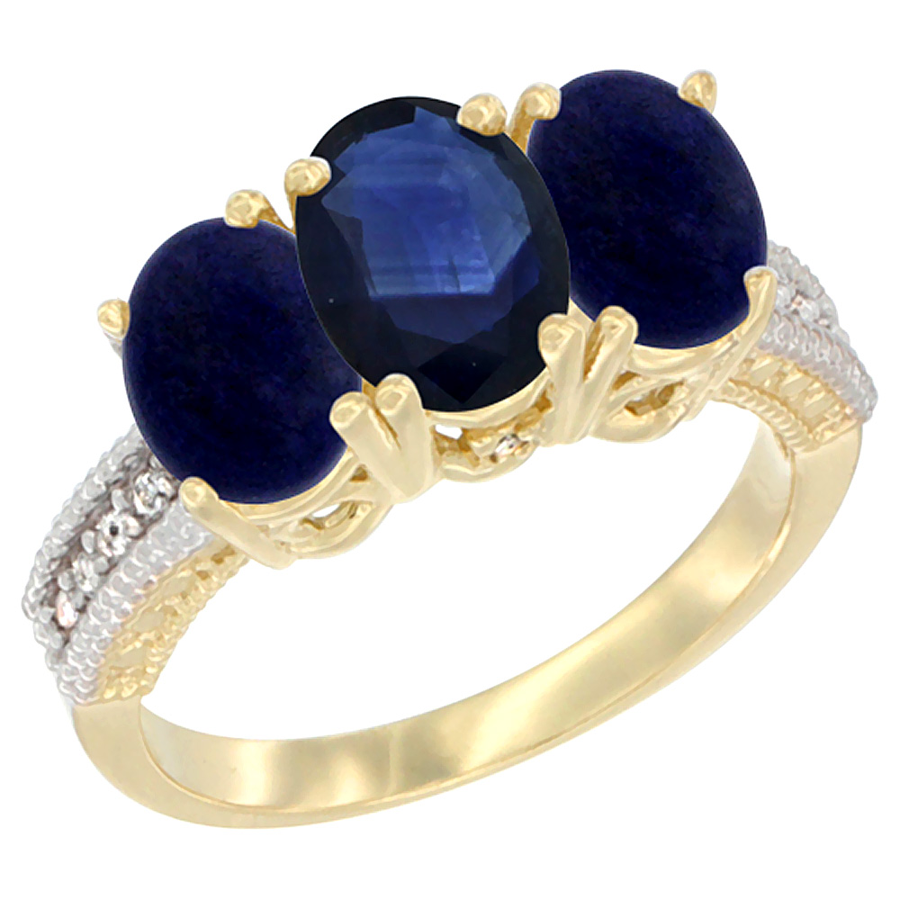 14K Yellow Gold Natural Blue Sapphire Ring with Lapis 3-Stone 7x5 mm Oval Diamond Accent, sizes 5 - 10