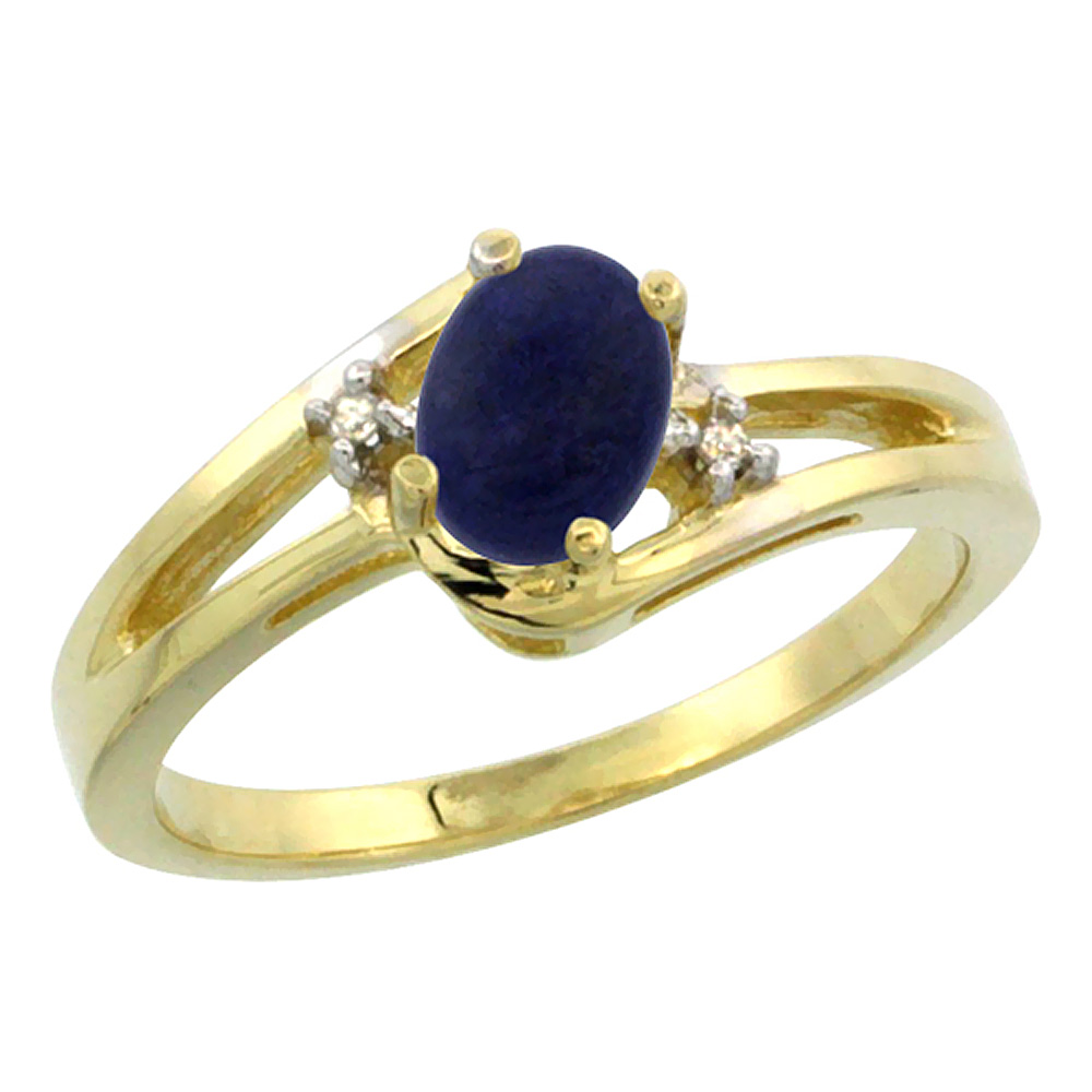 10K Yellow Gold Diamond Natural Lapis Ring Oval 6x4 mm, sizes 5-10