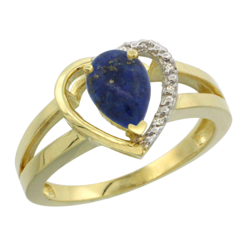10K Yellow Gold Natural Lapis Heart Ring Pear 7x5 mm Diamond Accent, sizes 5-10