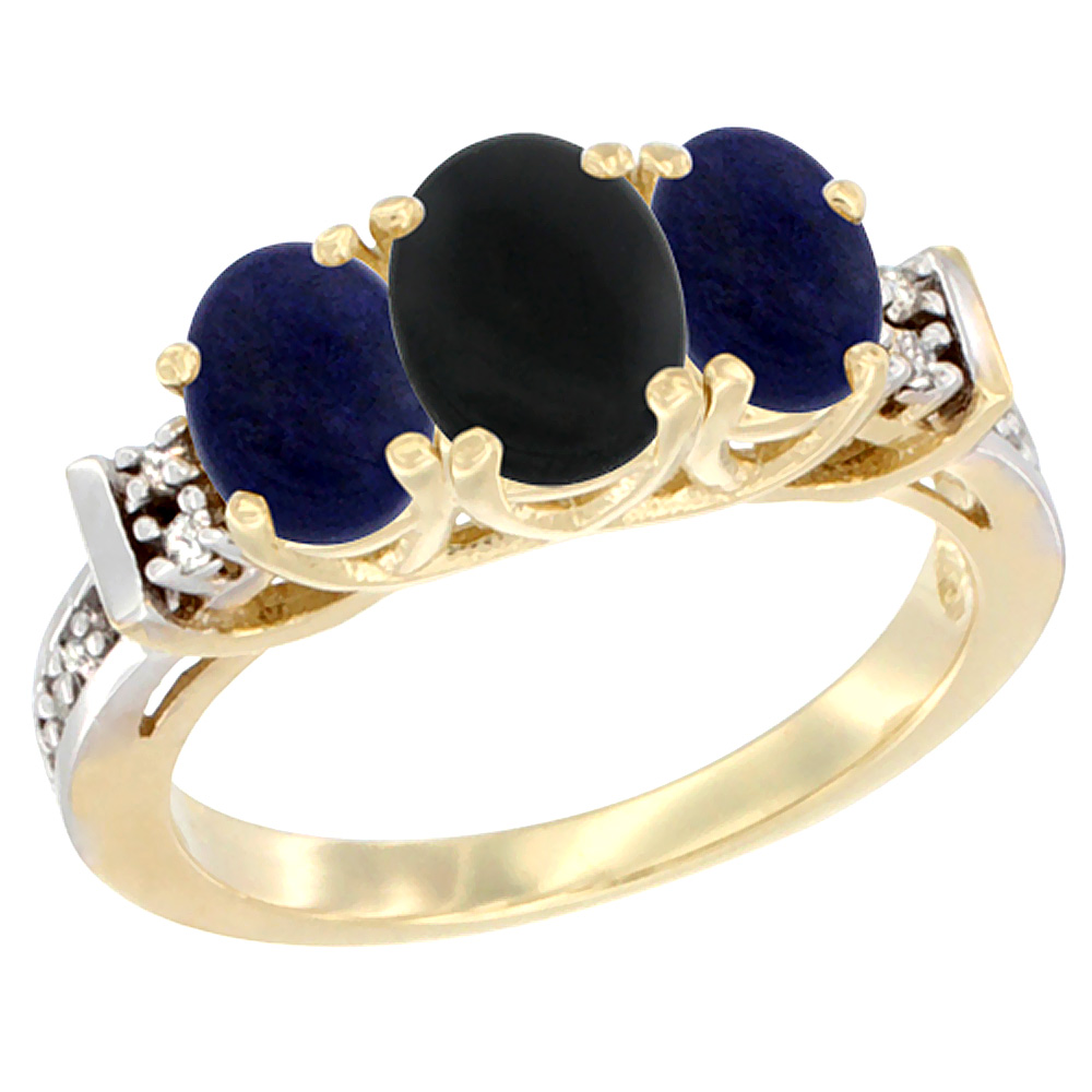 10K Yellow Gold Natural Black Onyx & Lapis Ring 3-Stone Oval Diamond Accent