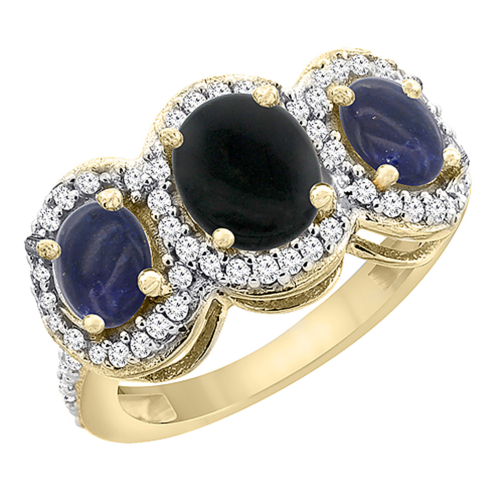 14K Yellow Gold Natural Black Onyx &amp; Lapis 3-Stone Ring Oval Diamond Accent, sizes 5 - 10