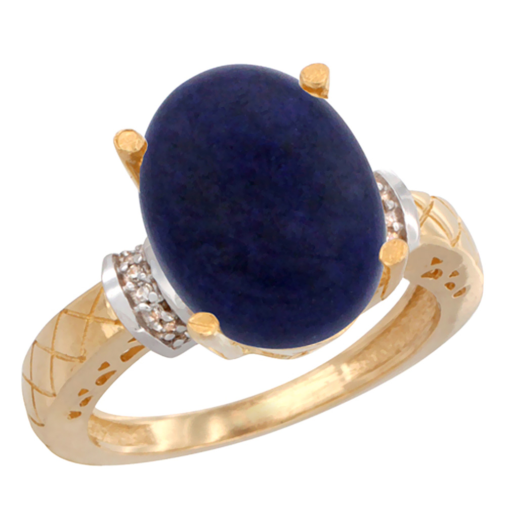 10K Yellow Gold Diamond Natural Lapis Ring Oval 14x10mm, sizes 5-10