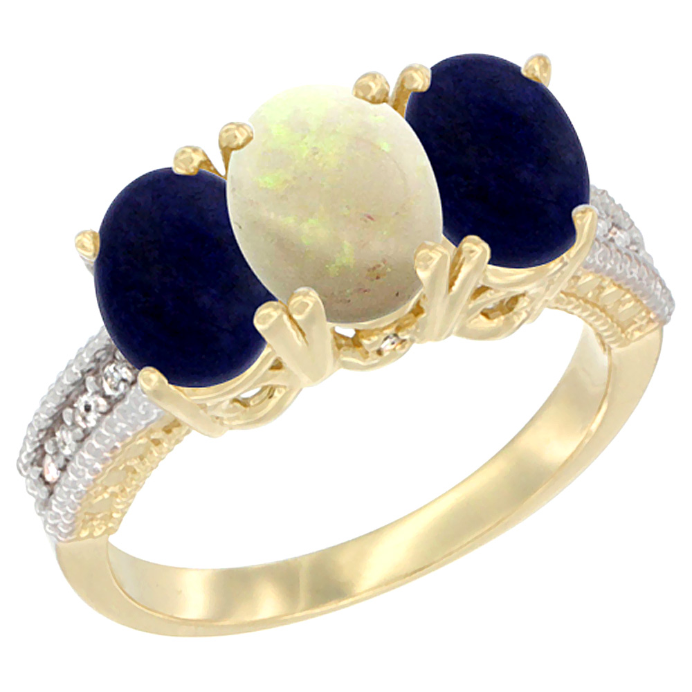 10K Yellow Gold Diamond Natural Opal &amp; Lapis Ring 3-Stone 7x5 mm Oval, sizes 5 - 10