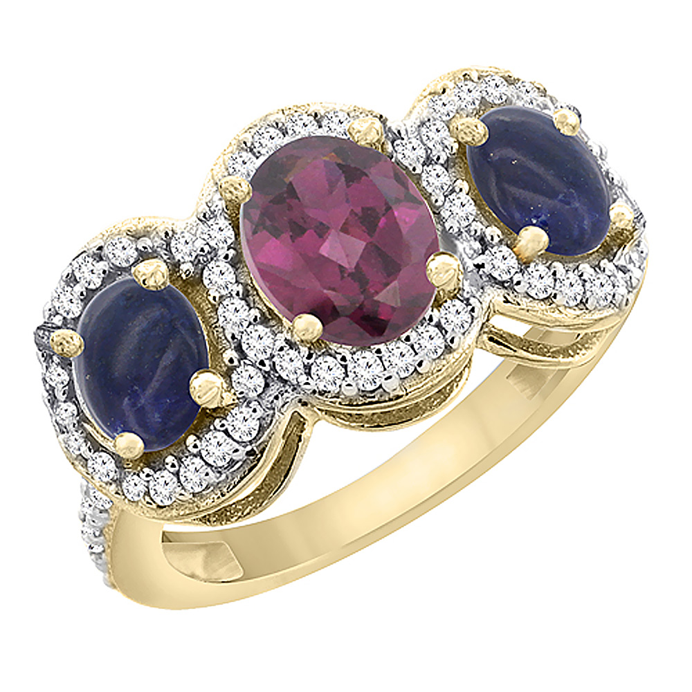 10K Yellow Gold Natural Rhodolite &amp; Lapis 3-Stone Ring Oval Diamond Accent, sizes 5 - 10