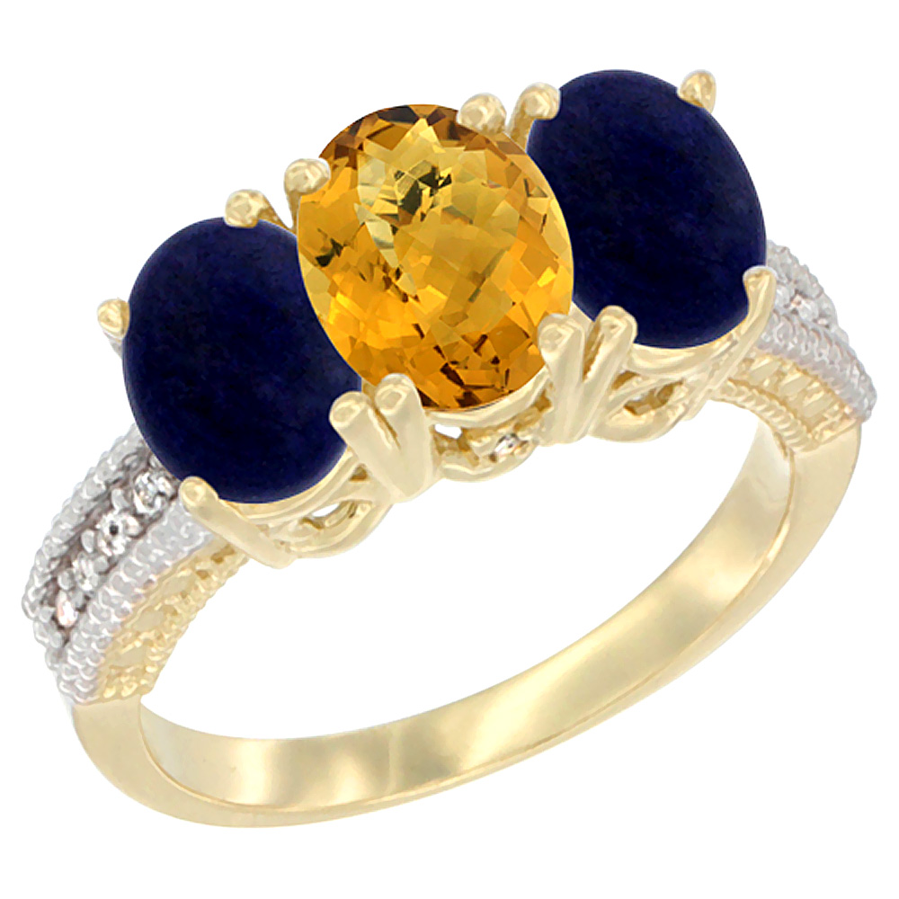 10K Yellow Gold Diamond Natural Whisky Quartz & Lapis Ring 3-Stone 7x5 mm Oval, sizes 5 - 10