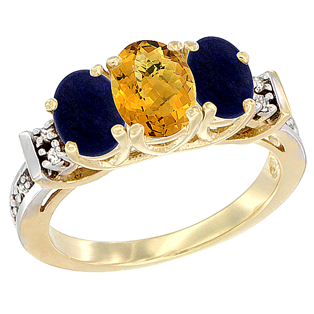 10K Yellow Gold Natural Whisky Quartz & Lapis Ring 3-Stone Oval Diamond Accent