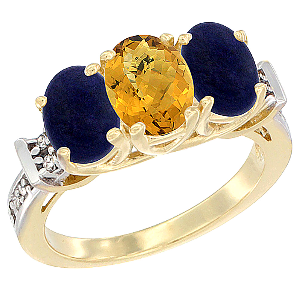 10K Yellow Gold Natural Whisky Quartz & Lapis Sides Ring 3-Stone Oval Diamond Accent, sizes 5 - 10