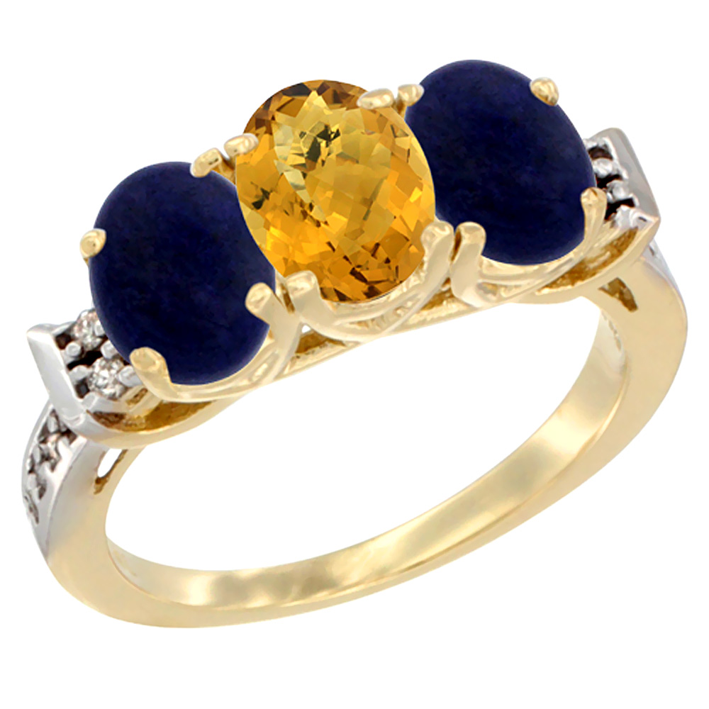 10K Yellow Gold Natural Whisky Quartz & Lapis Sides Ring 3-Stone Oval 7x5 mm Diamond Accent, sizes 5 - 10