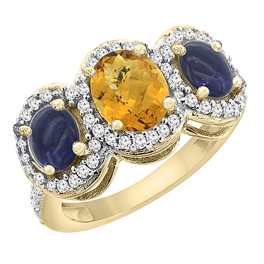 14K Yellow Gold Natural Whisky Quartz & Lapis 3-Stone Ring Oval Diamond Accent, sizes 5 - 10