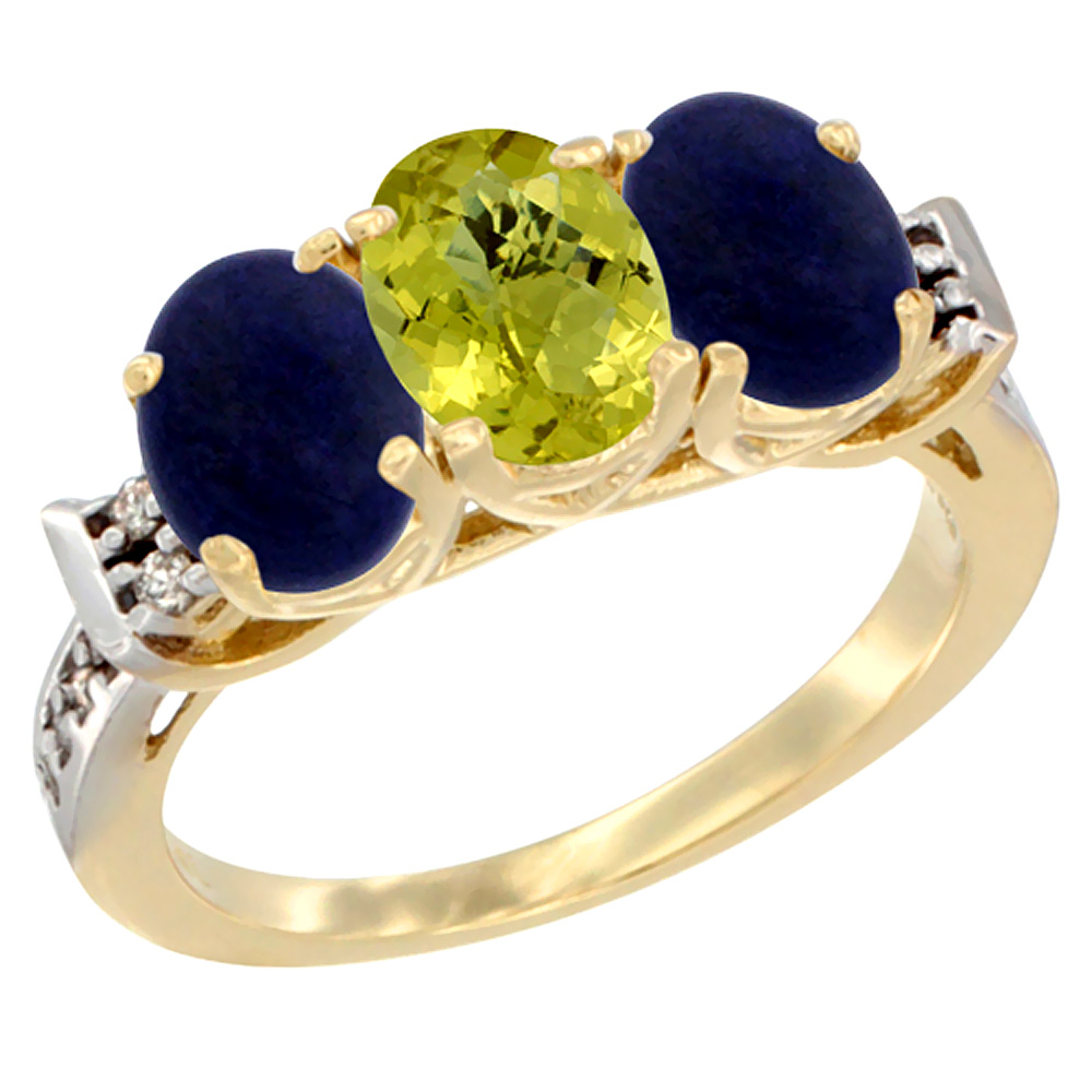 10K Yellow Gold Natural Lemon Quartz &amp; Lapis Sides Ring 3-Stone Oval 7x5 mm Diamond Accent, sizes 5 - 10