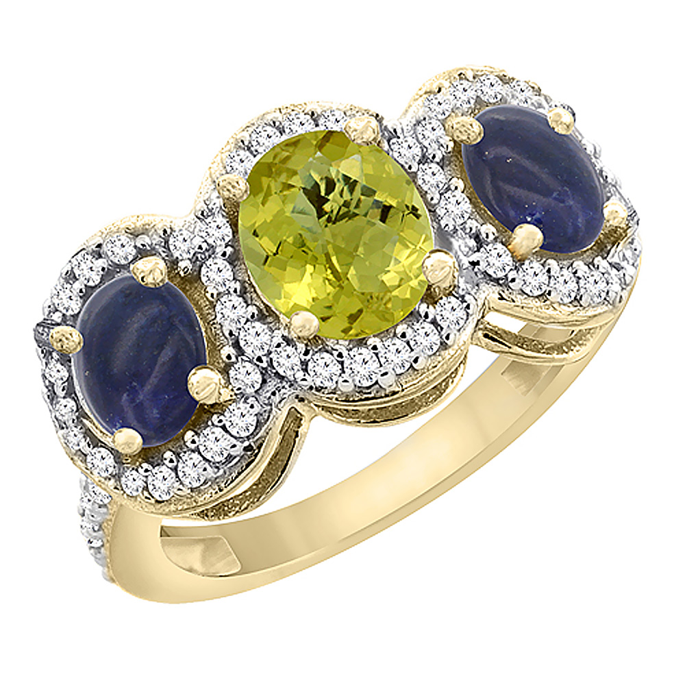 10K Yellow Gold Natural Lemon Quartz &amp; Lapis 3-Stone Ring Oval Diamond Accent, sizes 5 - 10