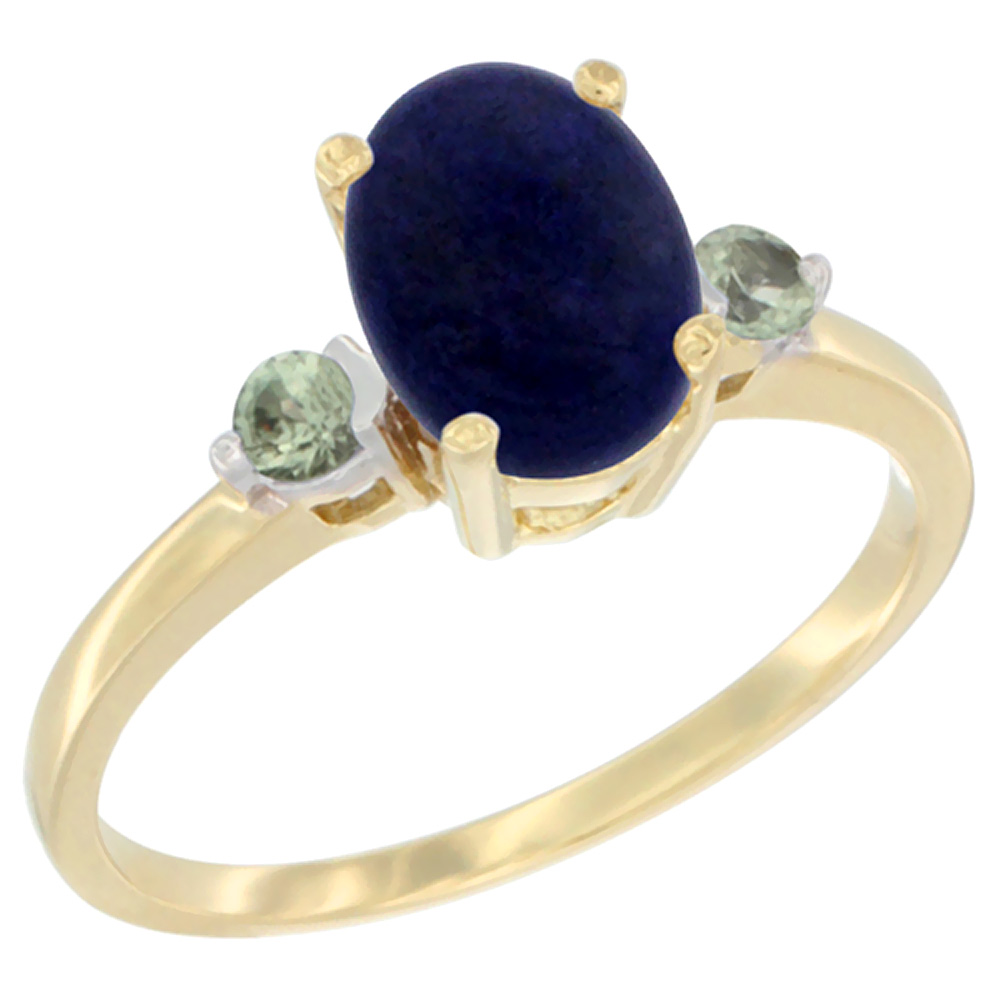 10K Yellow Gold Natural Lapis Ring Oval 9x7 mm Green Sapphire Accent, sizes 5 to 10