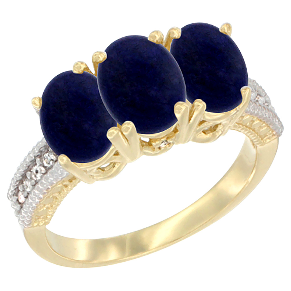 10K Yellow Gold Diamond Natural Lapis Ring 3-Stone 7x5 mm Oval, sizes 5 - 10