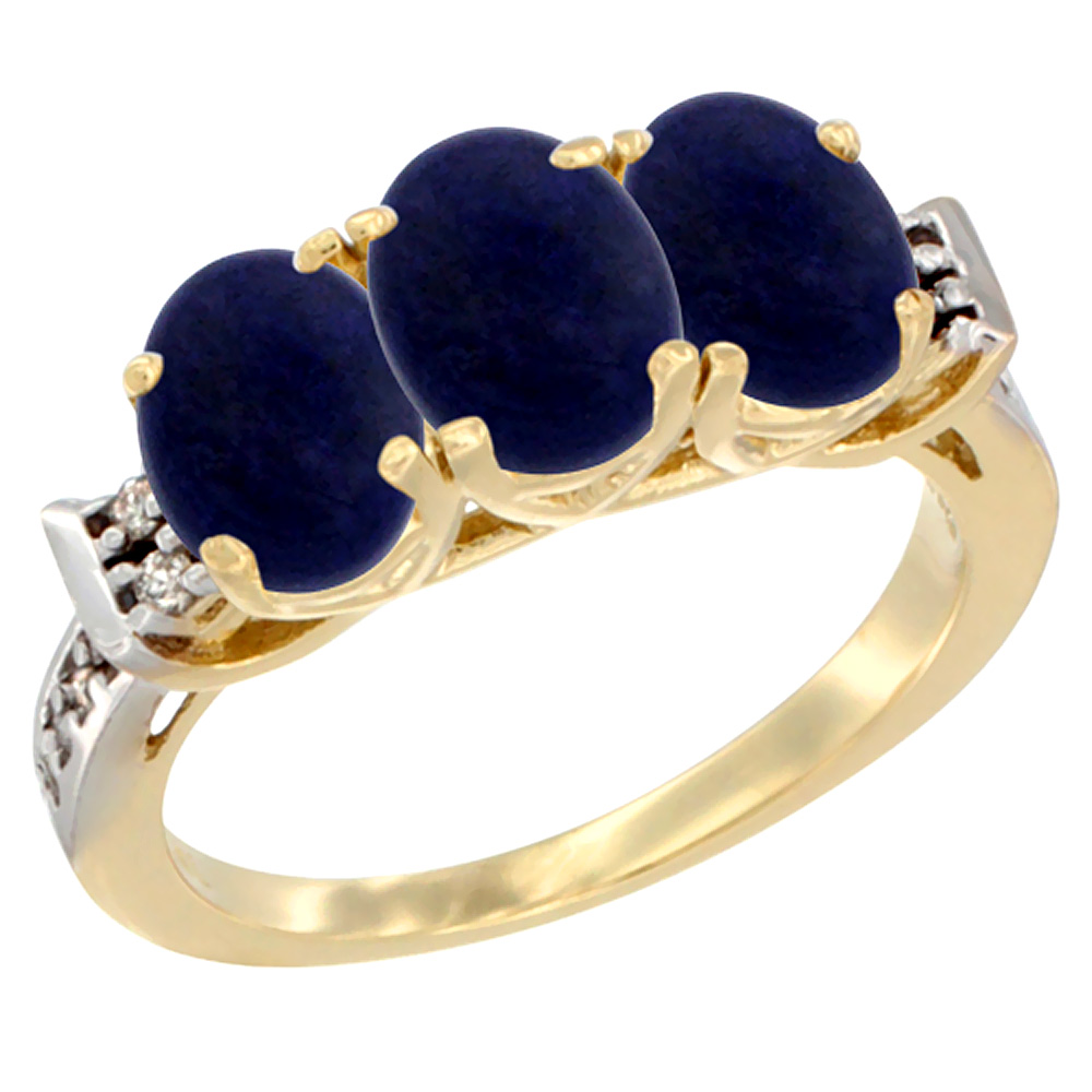 14K Yellow Gold Natural Lapis Ring 3-Stone 7x5 mm Oval Diamond Accent, sizes 5 - 10