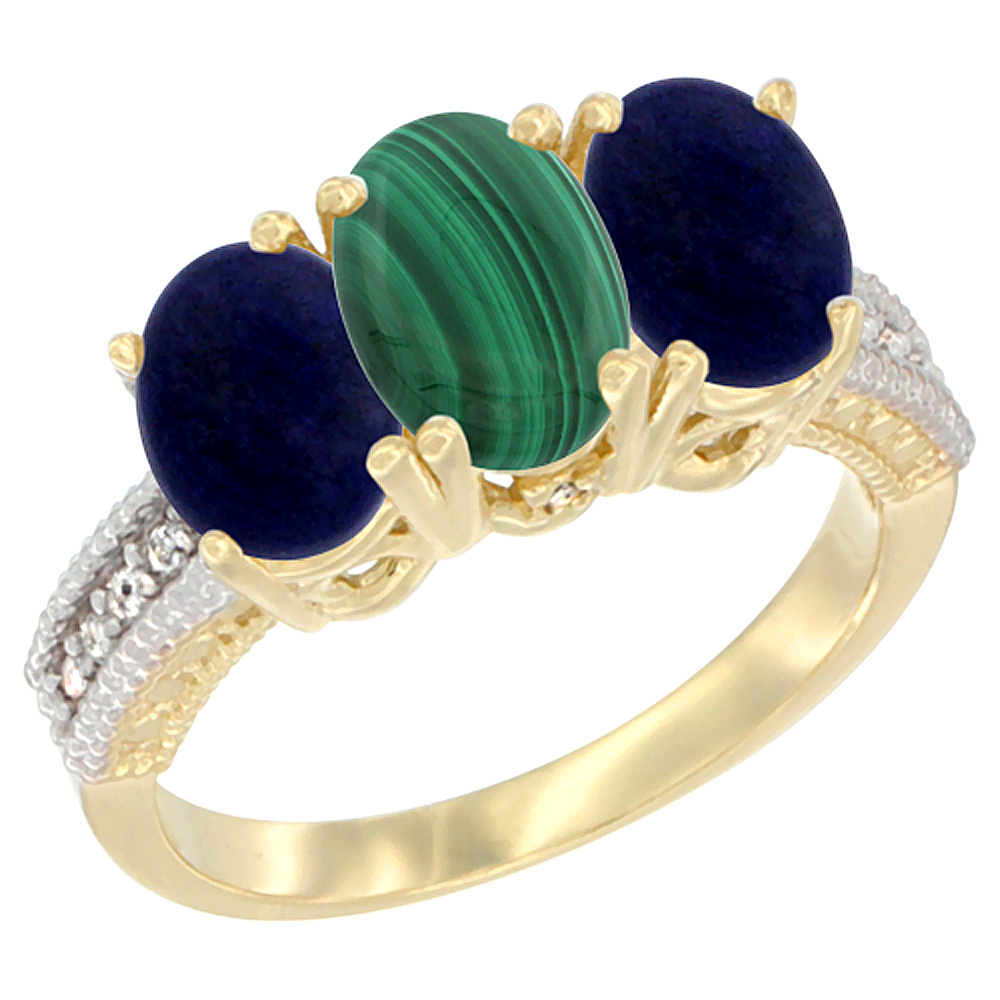 10K Yellow Gold Diamond Natural Malachite & Lapis Ring 3-Stone 7x5 mm Oval, sizes 5 - 10