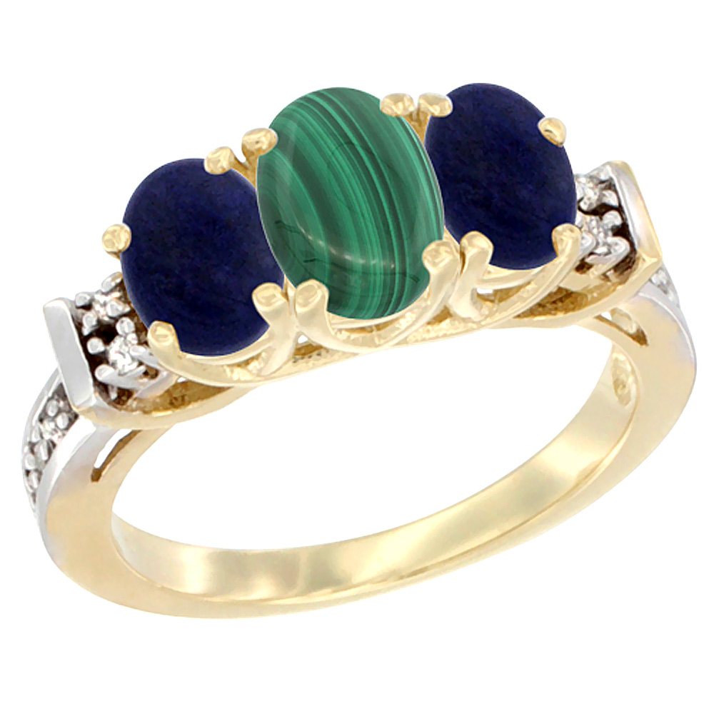 14K Yellow Gold Natural Malachite & Lapis Ring 3-Stone Oval Diamond Accent