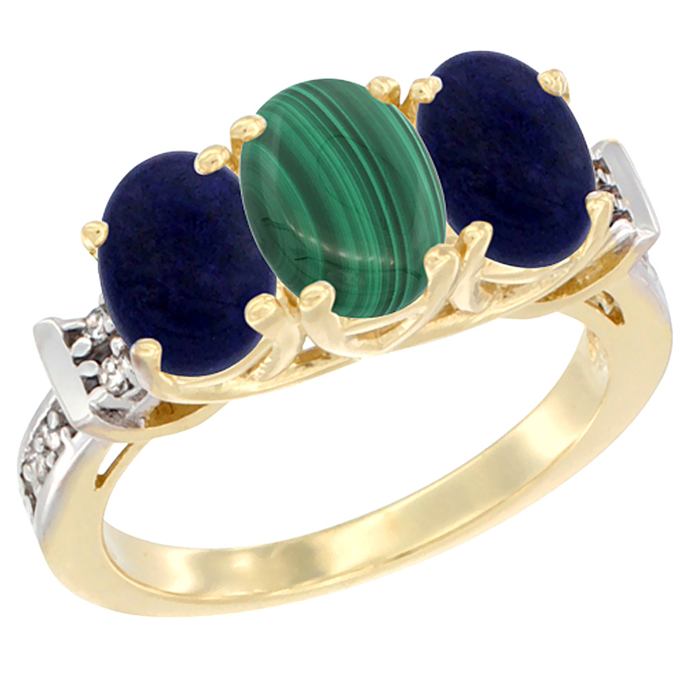 10K Yellow Gold Natural Malachite & Lapis Sides Ring 3-Stone Oval Diamond Accent, sizes 5 - 10