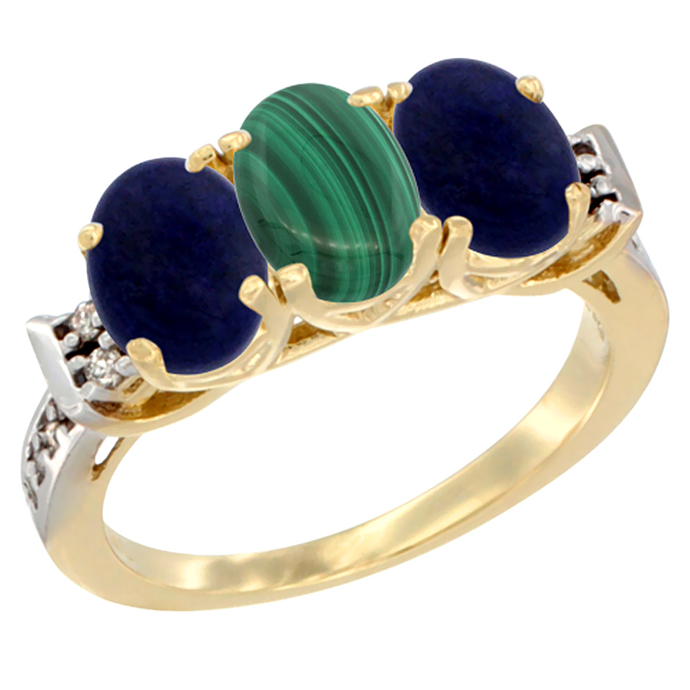 10K Yellow Gold Natural Malachite & Lapis Sides Ring 3-Stone Oval 7x5 mm Diamond Accent, sizes 5 - 10