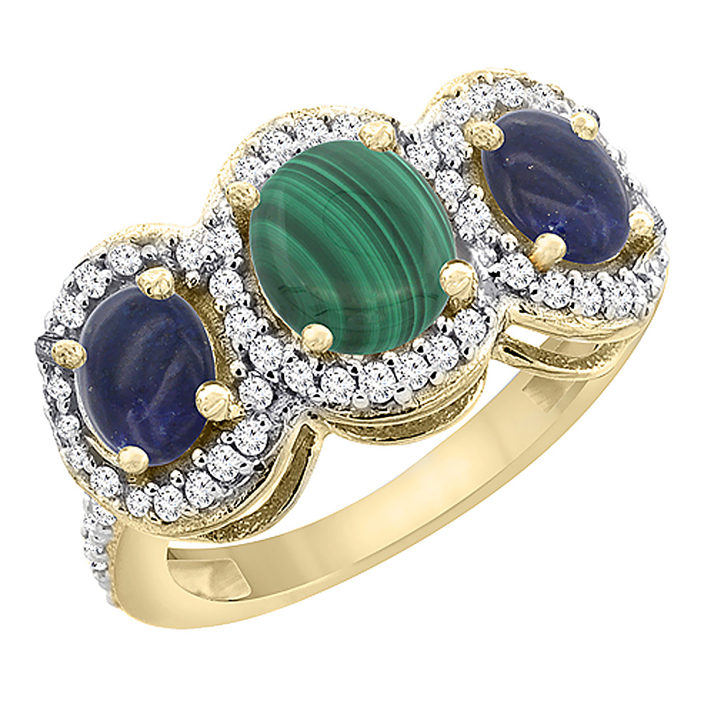 10K Yellow Gold Natural Malachite & Lapis 3-Stone Ring Oval Diamond Accent, sizes 5 - 10