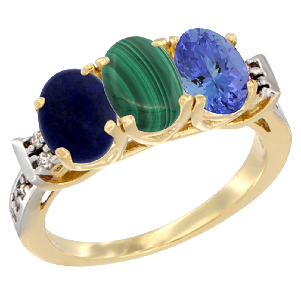 14K Yellow Gold Natural Lapis, Malachite &amp; Tanzanite Ring 3-Stone 7x5 mm Oval Diamond Accent, sizes 5 - 10