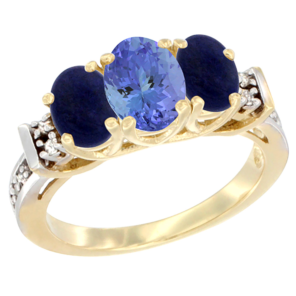 14K Yellow Gold Natural Tanzanite & Lapis Ring 3-Stone Oval Diamond Accent