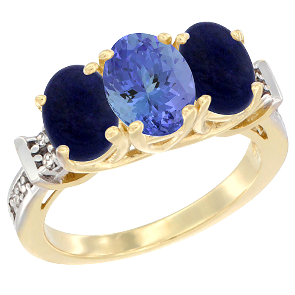 14K Yellow Gold Natural Tanzanite & Lapis Sides Ring 3-Stone Oval Diamond Accent, sizes 5 - 10