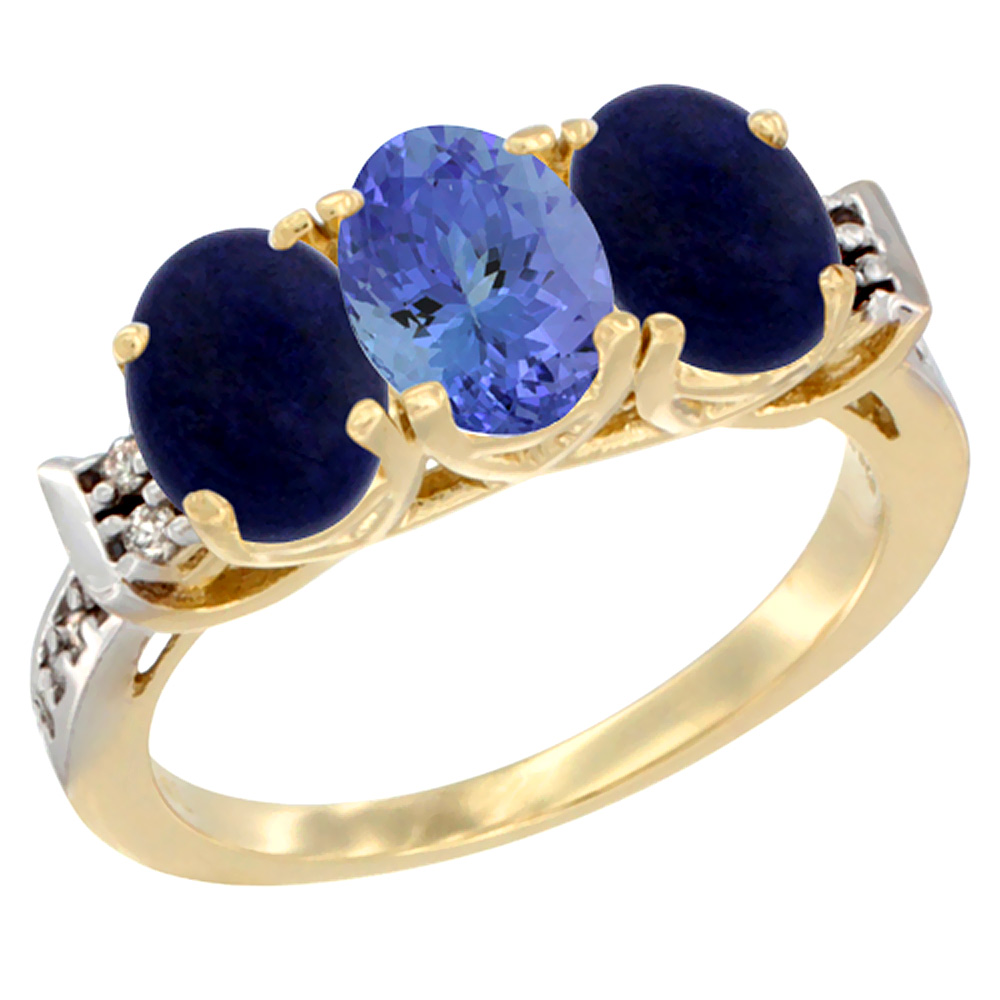 14K Yellow Gold Natural Tanzanite & Lapis Ring 3-Stone 7x5 mm Oval Diamond Accent, sizes 5 - 10