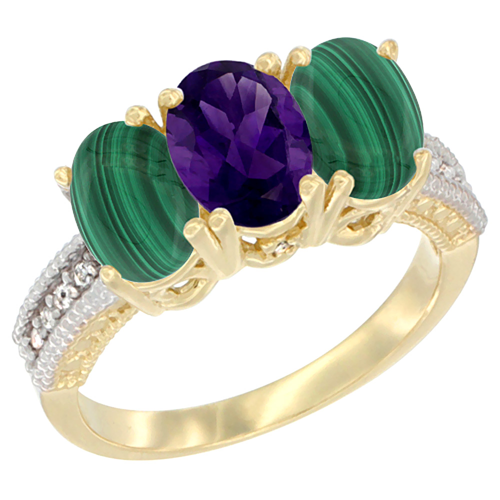 10K Yellow Gold Diamond Natural Amethyst &amp; Malachite Ring 3-Stone 7x5 mm Oval, sizes 5 - 10