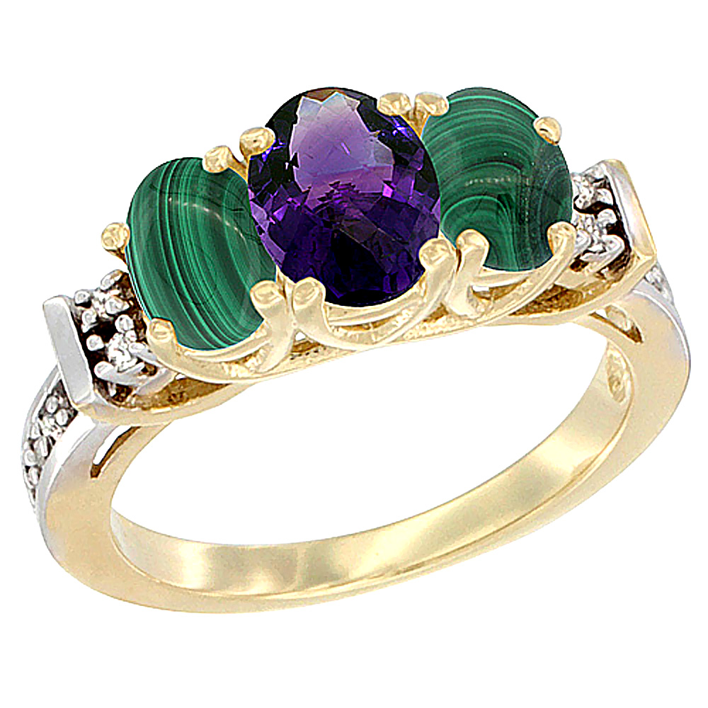 10K Yellow Gold Natural Amethyst & Malachite Ring 3-Stone Oval Diamond Accent