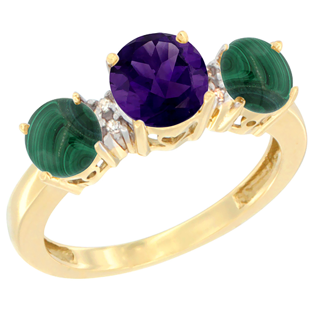 10K Yellow Gold Round 3-Stone Natural Amethyst Ring & Malachite Sides Diamond Accent, sizes 5 - 10