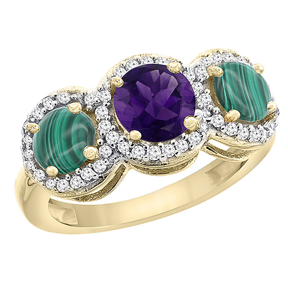 10K Yellow Gold Natural Amethyst & Malachite Sides Round 3-stone Ring Diamond Accents, sizes 5 - 10