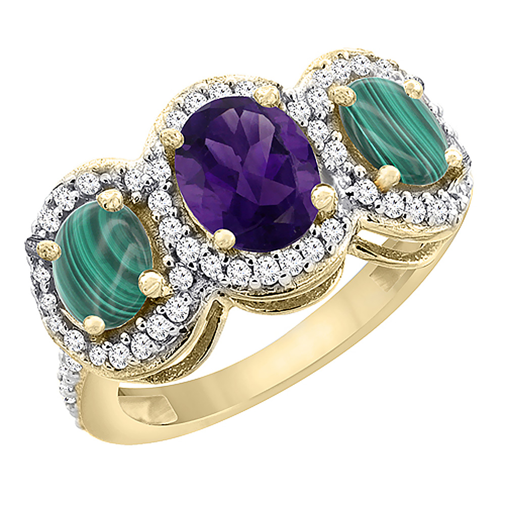 14K Yellow Gold Natural Amethyst & Malachite 3-Stone Ring Oval Diamond Accent, sizes 5 - 10