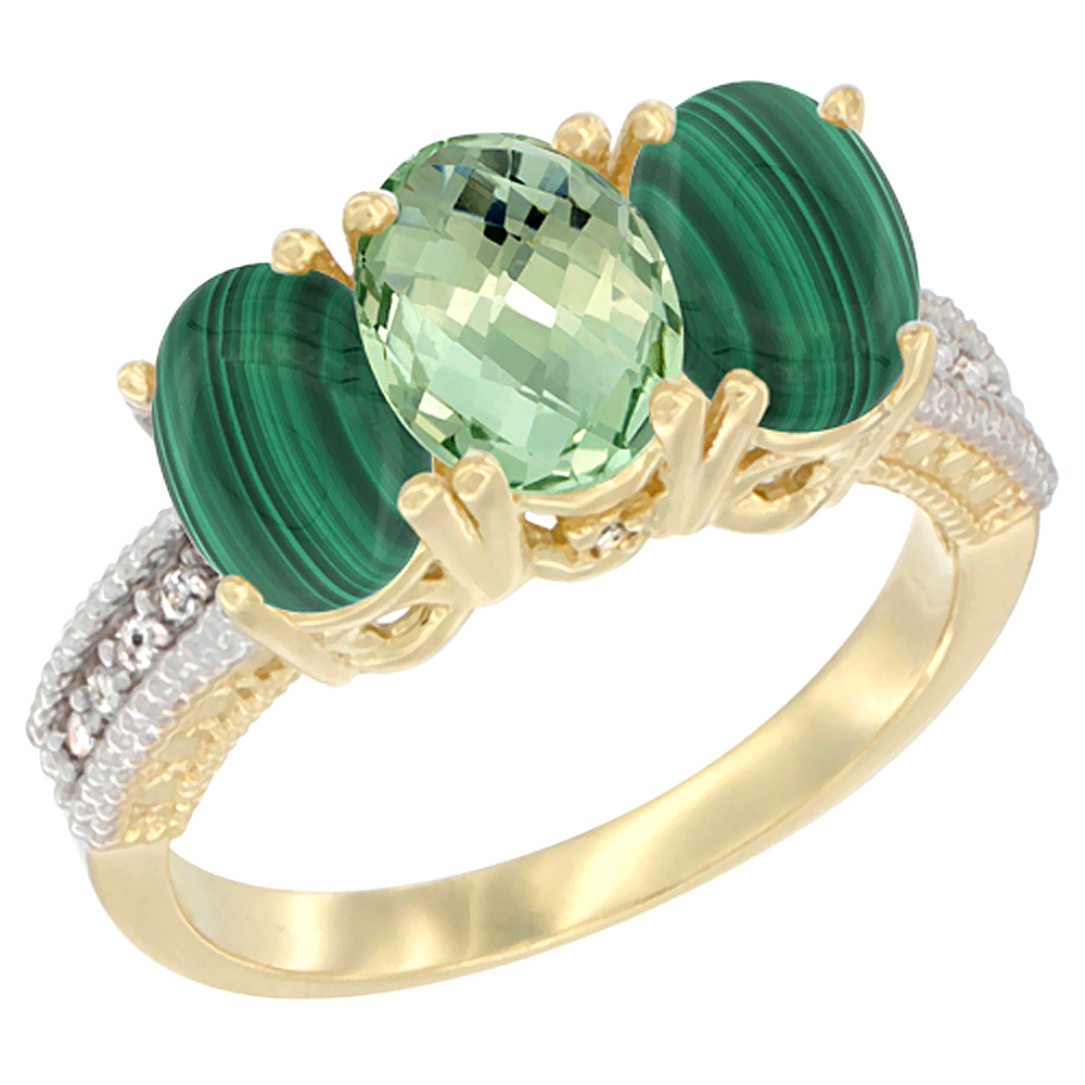 10K Yellow Gold Diamond Natural Green Amethyst &amp; Malachite Ring 3-Stone 7x5 mm Oval, sizes 5 - 10