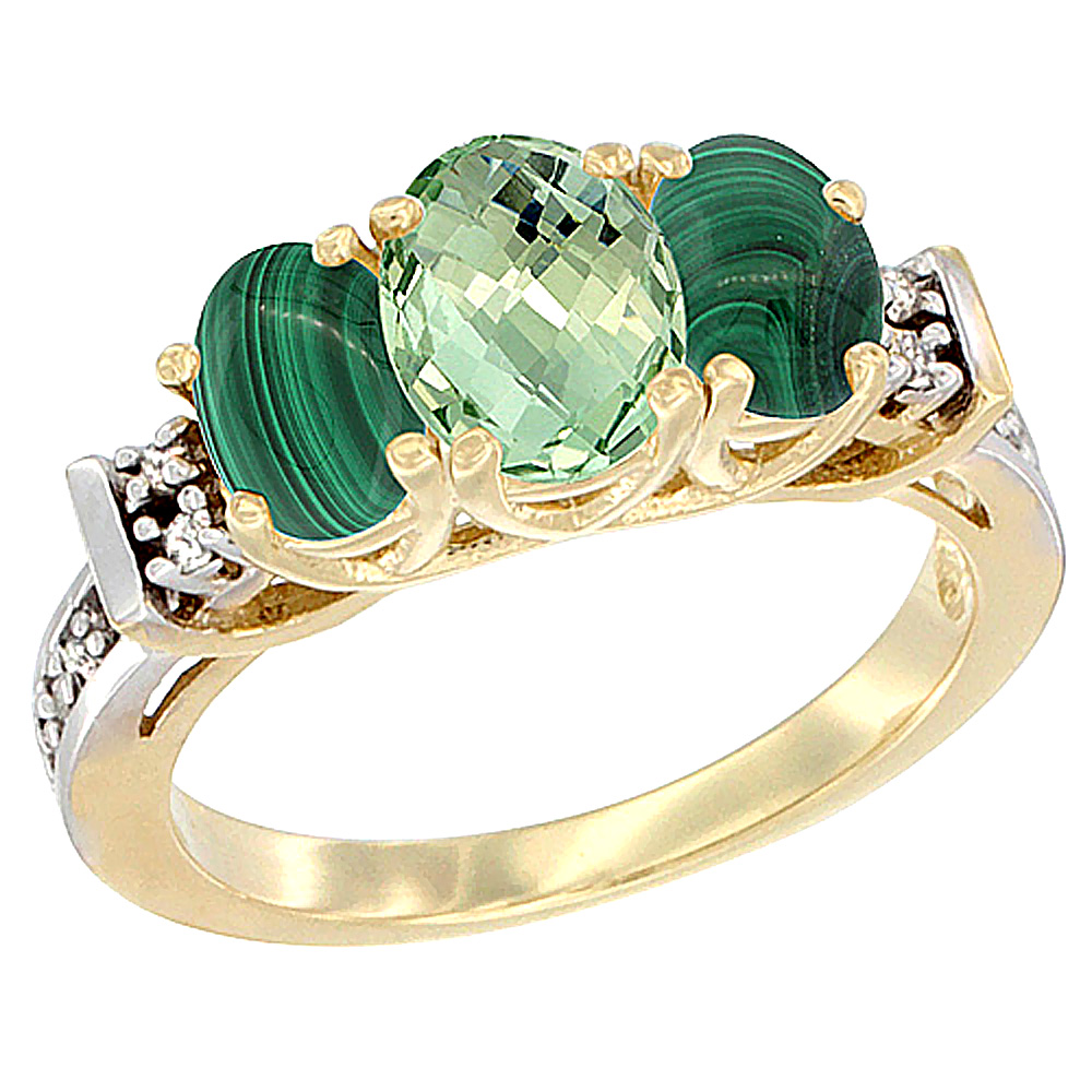 10K Yellow Gold Natural Green Amethyst &amp; Malachite Ring 3-Stone Oval Diamond Accent