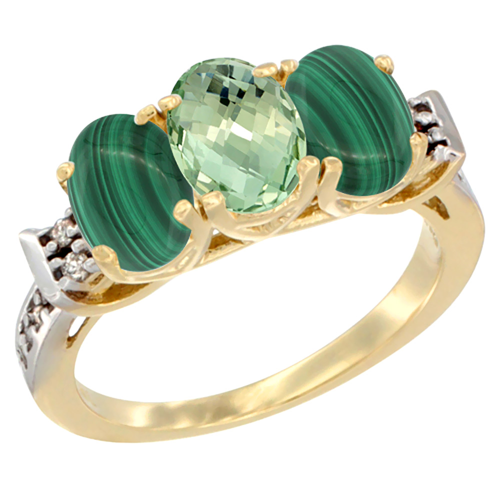 14K Yellow Gold Natural Green Amethyst &amp; Malachite Ring 3-Stone 7x5 mm Oval Diamond Accent, sizes 5 - 10